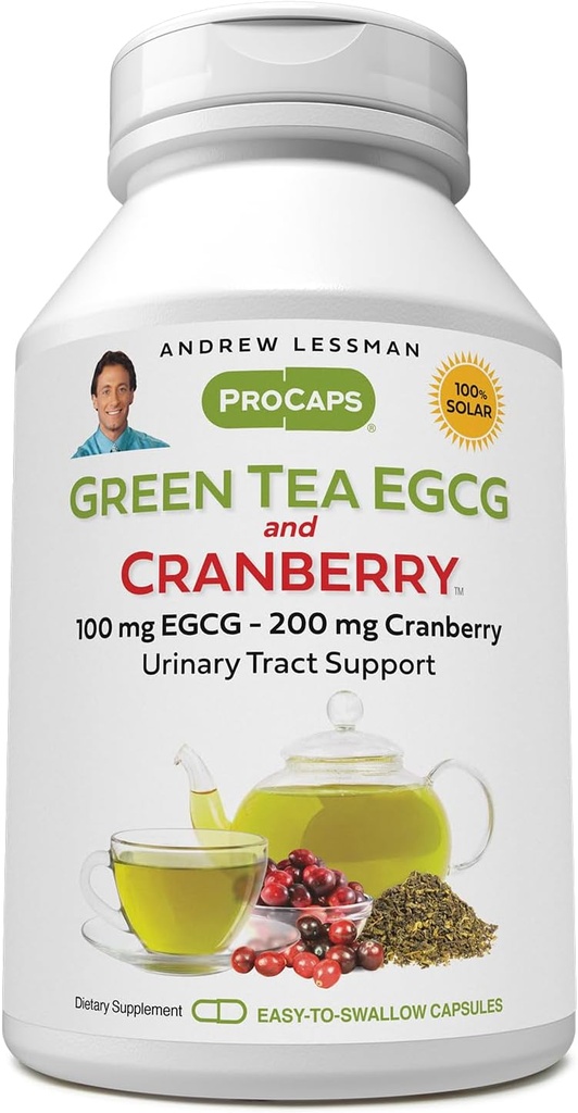 ANDREW LESSMAN Green Tea EGCG & Cranberry 180 kapslid - standardiseeritud katehhiinide ja polüfenoolide jaoks. Aitab kaitsta kudesid, organeid ja süsteeme kogu kehas. Võimas antioksüdantide tugi
