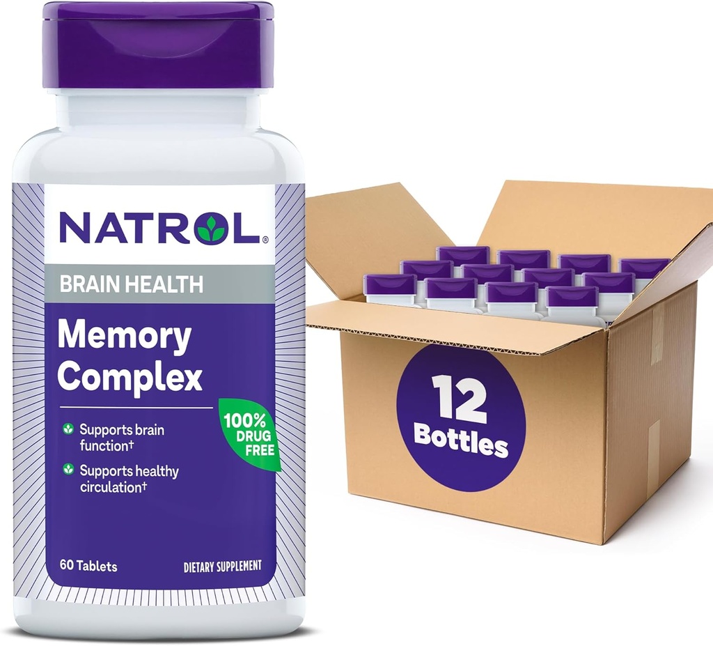 Natrol mälu kompleks Ginkgo Biloba 120mg ja B vitamiinid, toidulisand aju tervise ja mälu toetamiseks, 60 tabletti, 30 päeva pakkumine (pakk 12)