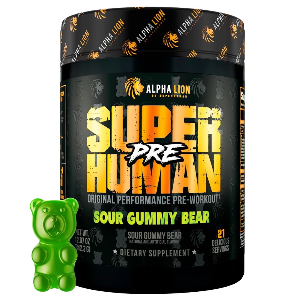 ALPHA LION Superhuman Pre Workout Powder, Beta Alanine, L-Taurine & Tri-Source Kofeiin Jätkusuutlikuks Energiaks Ja Keskendumiseks, Lämmastikoksiid Ja Tsitrulliin Pump (21 Servings, Hapu Kummikaru Maitse)