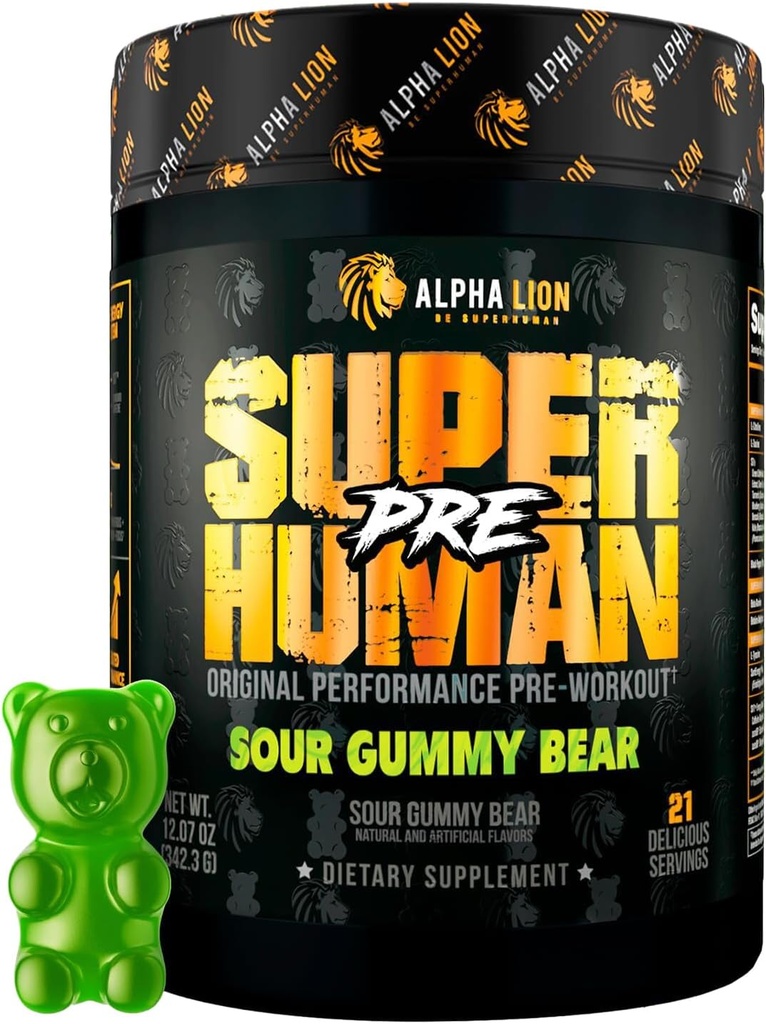 ALPHA LION Superhuman Pre Workout Powder, Beta Alanine, L-Taurine & Tri-Source Kofeiin Jätkusuutlikuks Energiaks Ja Keskendumiseks, Lämmastikoksiid Ja Tsitrulliin Pump (21 Servings, Hapu Kummikaru Maitse)