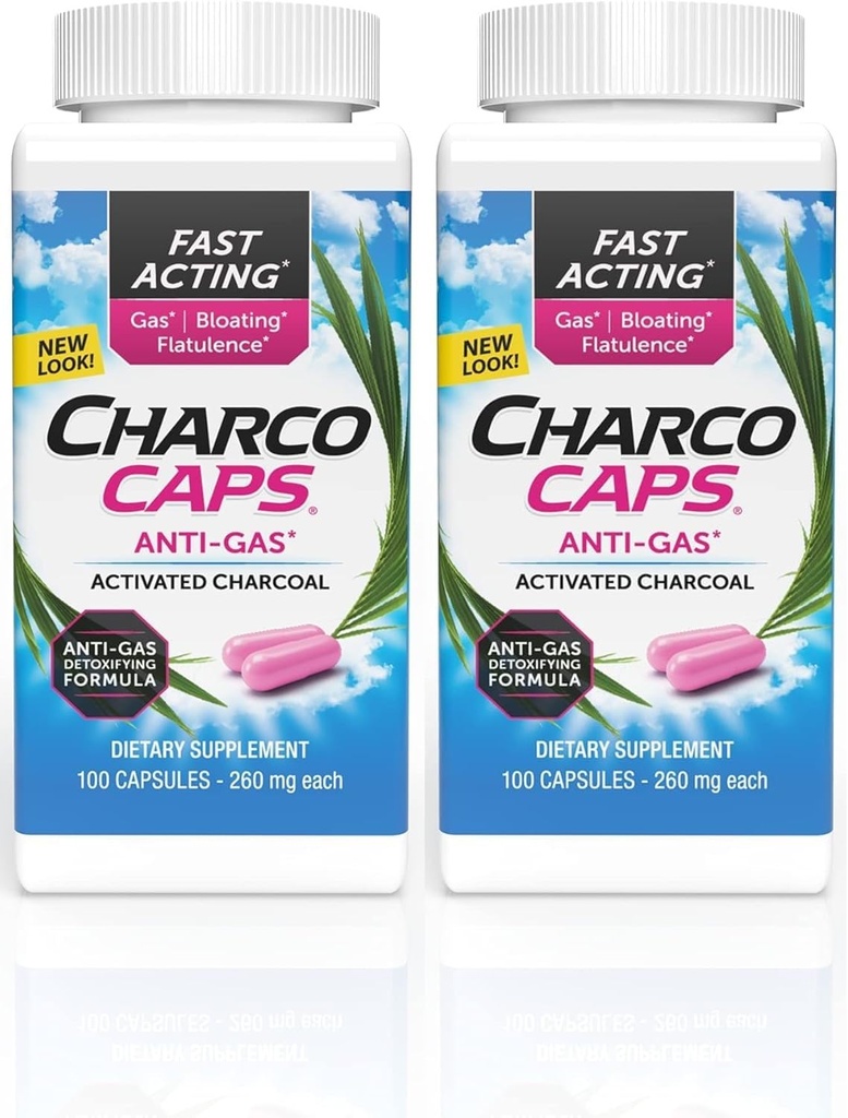 Charcocaps Fast Acting Gas Relief for Bloating & Flatulence, Drug Free Detoxating Aktiivsöe valem, 100 kapslit, 30 päeva pakkumine, roosa pakend 2