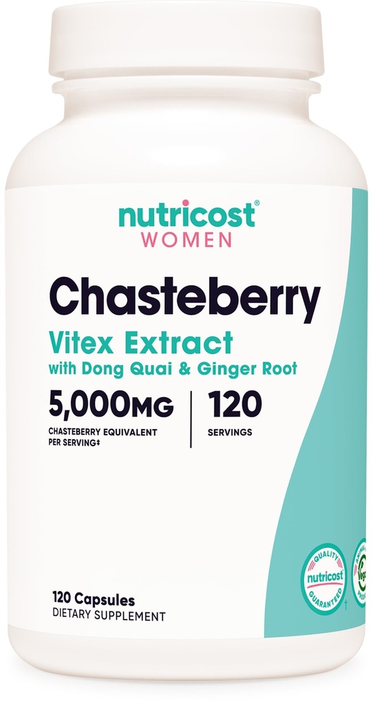 Nutricost Chasteberry Supplement for Women 120 Capsules, 5000mg ekvivalent per Serving (alates 500mg 10: 1 Extract), koos Dong Quai & Ginger Root Extract, Taimetoitlane, Gluteenivaba & Non-GMO