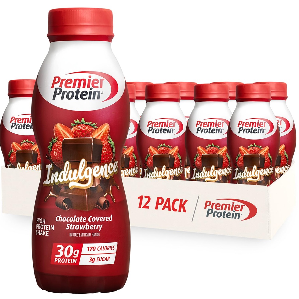 Premier Protein Indulgence Protein Shake, 30g Valk, 3g Suhkur, Šokolaadiga kaetud maasikas, 11,5 fl oz, Pack of 12