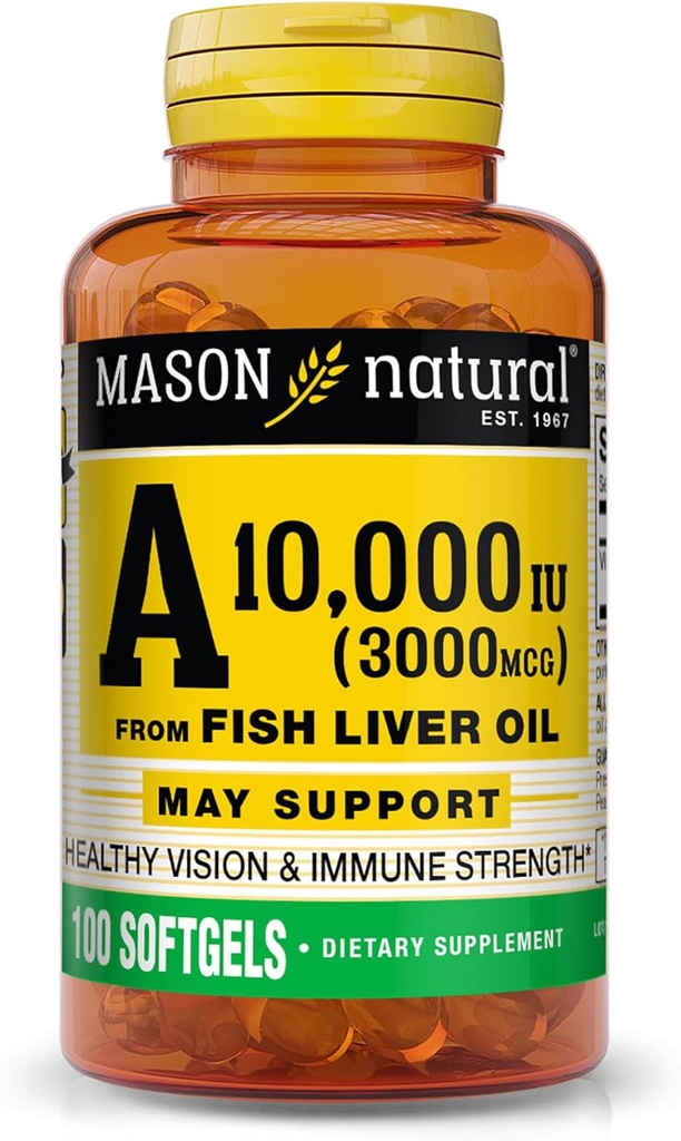 MASON LOODUSLIK A-vitamiin 3000 mcg (10 000 IU) kalamaksaõlist, toetab visiooni ja immuunsüsteemi tervist, 100 Softgels