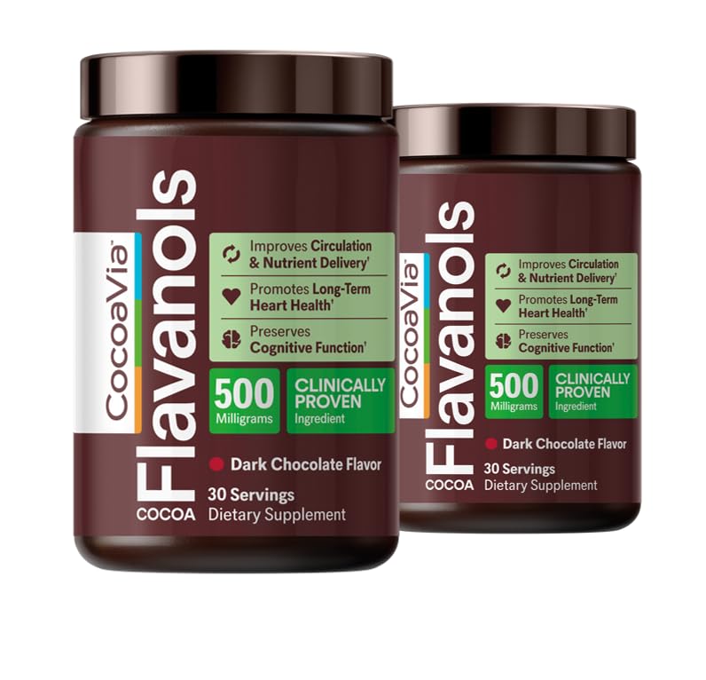 CocoaVia Cocoa Flavanols 500mg - Heart and Brain Support, High Flavanol Cocoa Extract, Suurendab Lämmastikoksiidi, Vere ringlust ja mälu, Preworkout, Vegan, Gluteenivaba, Dark Chocolate, 60-päevane