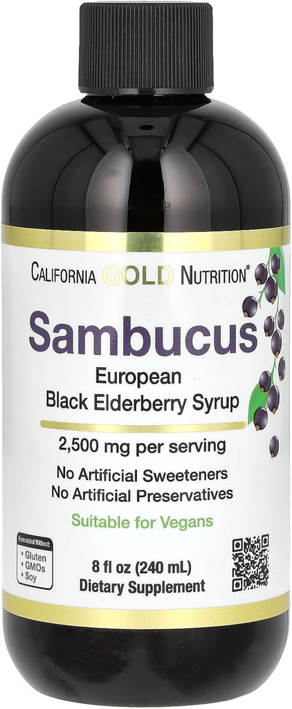 California Gold Nutrition Elderberry Syrup, Black Elderberry (Sambucus nigra) Juice Concentrate, Hooajaline Immune Support, No Artificial Preservatives või Sweeteners, 2500 mg, 8 fl oz (240 ml)