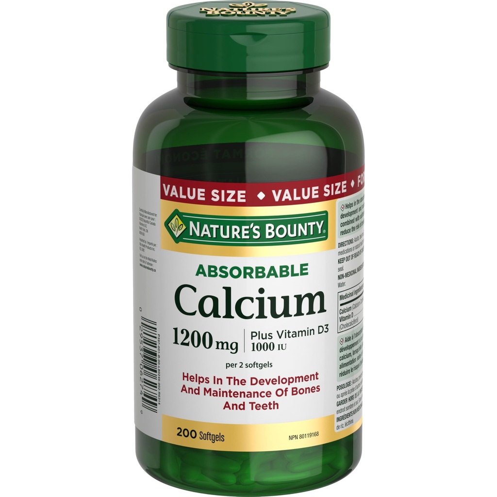 Looduse Bounty Absorbable Kaltsium 1200mg pluss vitamiin D3 1000IU 200 arv