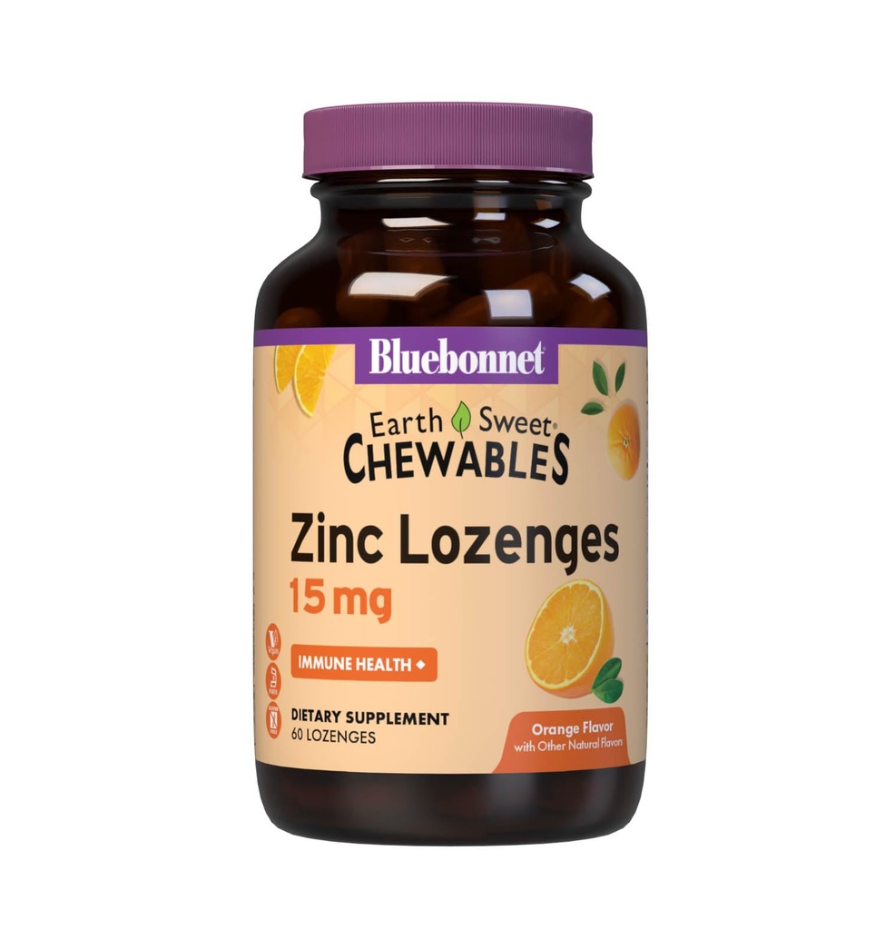 Bluebonnet Nutrition Earthsweet Zinc Lozenges 15mg närimistables, pluss 100mg C-vitamiini, sojavaba, gluteenivaba, Kosher sertifitseeritud, piimavaba, vegan, oranž maitsega, 60 Lozenges