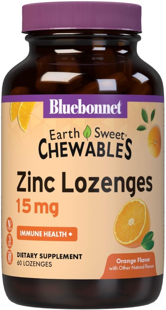 Bluebonnet Nutrition Earthsweet Zinc Lozenges 15mg närimistables, pluss 100mg C-vitamiini, sojavaba, gluteenivaba, Kosher sertifitseeritud, piimavaba, vegan, oranž maitsega, 60 Lozenges
