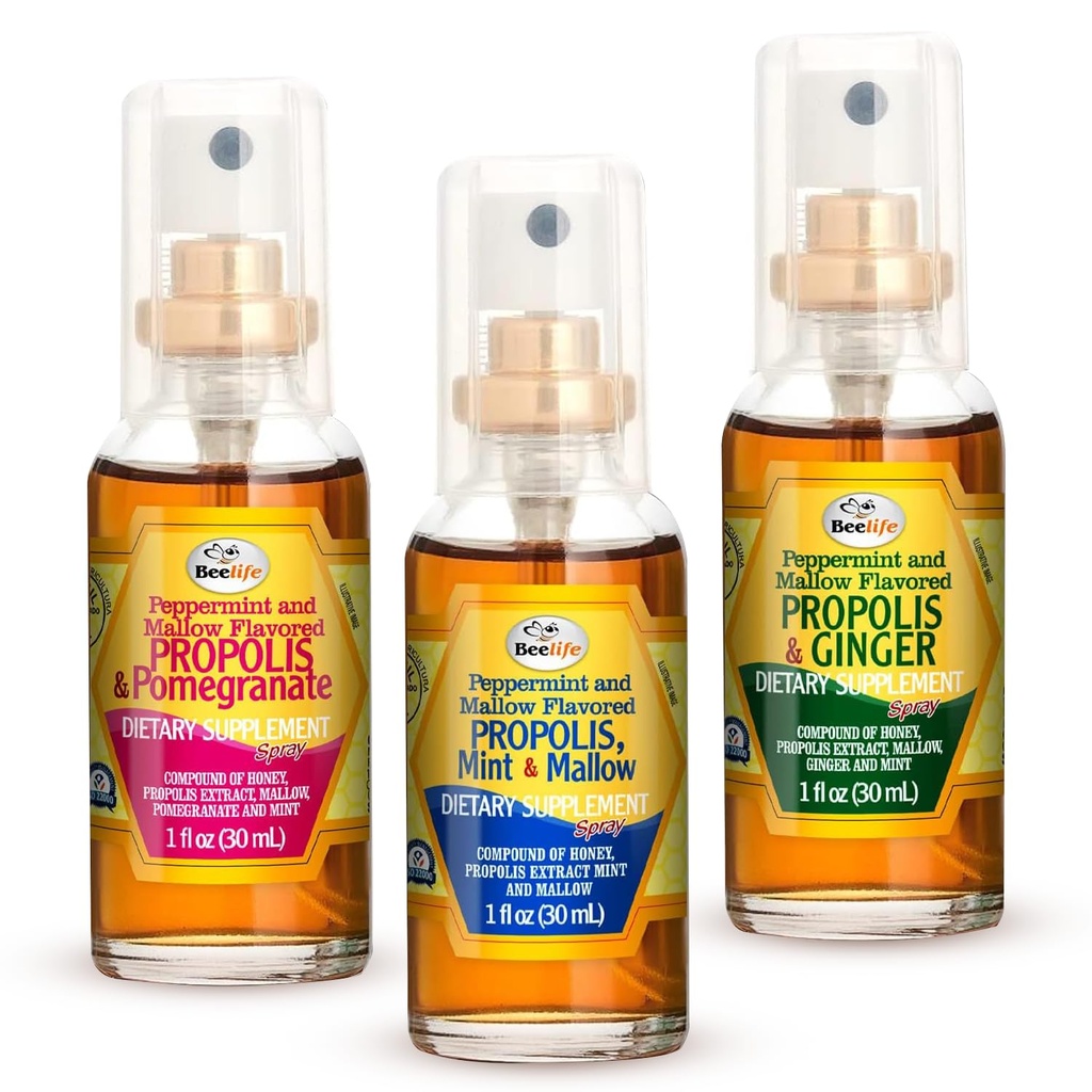 Beelife Propolis Throat Spray - Bee Propolis Spray loodusliku immuunsuse toetamiseks ja valulik kurgu leevendamine - rikas antioksüdantide, Flavonoidide ja Artepillin C, No Sugar, Gluteenivaba 3-Pack, 90 ml (sorteeritud)