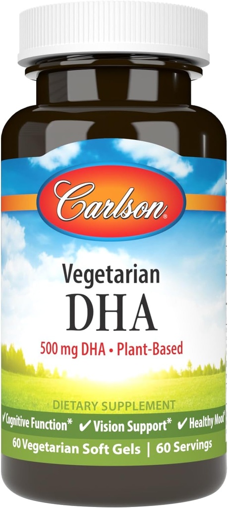 Carlson - taimetoitlane DHA, 500 mg DHA, taimepõhine, jätkusuutlikult pärit vetikatest, ajutoetus, meeleolu tervis, 60 Softgels