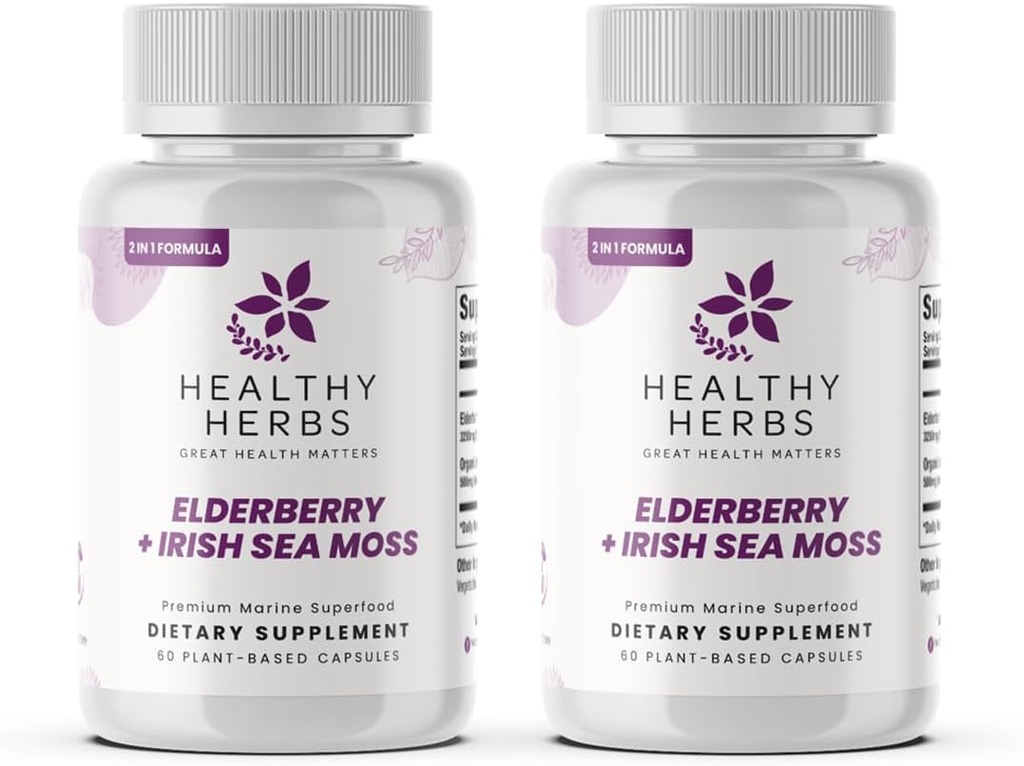Tervislikud maitsetaimed Wildcrafted Elderberry Sea Moss Capsules | 2600mg Irish Sea Moss + Elderberry Essentials Blend | US-made, Vegan, Non-GMO, Easy-Swallow (2-Pack)