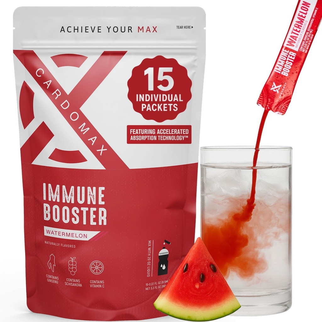 CardoMax Immunity Booster Vedel jook Segu ženšenni ja C-vitamiiniga lastele ja täiskasvanutele, Immuunsüsteemi lisand energiale ja heaolule, arbuusimaitse, 15 ühe serveeritava vedelikupulga pakendit