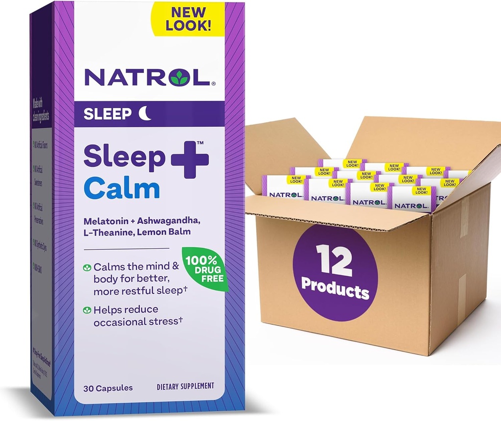 Natrol Sleep + rahulikku melatoniin 6mg koos Ashwagandha, L-Theanine ja sidrun Balm, dieet täiendus puhkamiseks ja rahustada meelt, 30 kapslit, 30 päeva pakkumine (pakk 12)