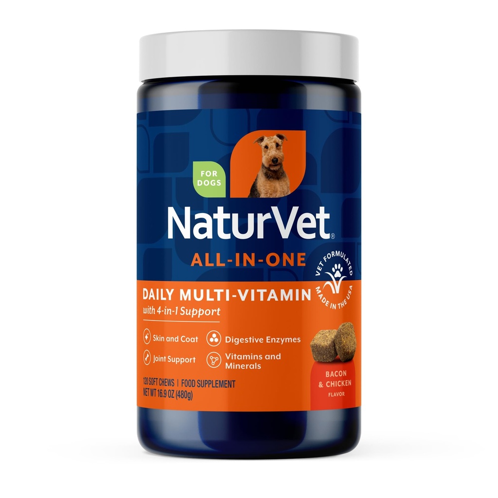 NaturVet All-in-One Dog Supplement - ühine tugi, seedimine, nahk, karvahooldus - koerte multivitamiinid mineraalidega, Omega-3, 6, 9 - Nisuvabad vitamiinid koertele - 120 pehmet närimist