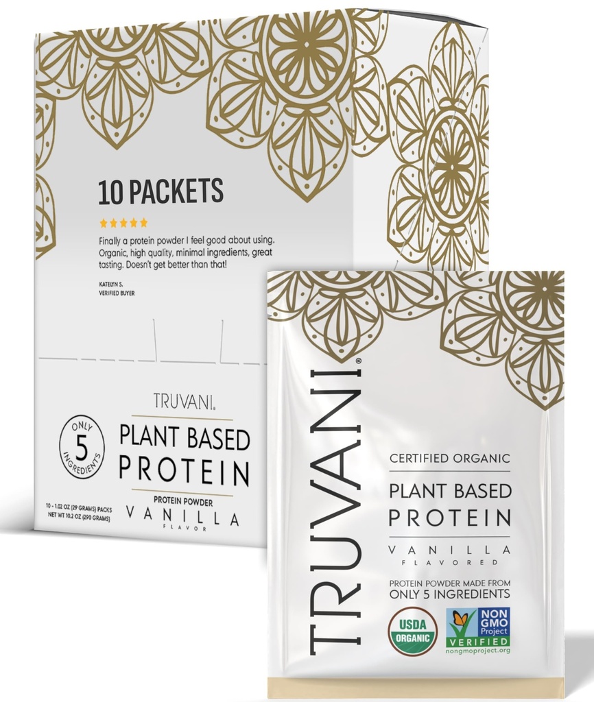 Truvani Vegan Peavalgupulber | Vanilla | 20g Orgaaniline Taimne Valk | Ühe serveeritavad reisipaketid | 10 Servingut | Keto | Gluteen & Piimavaba | Madala carb | Lisatud suhkur