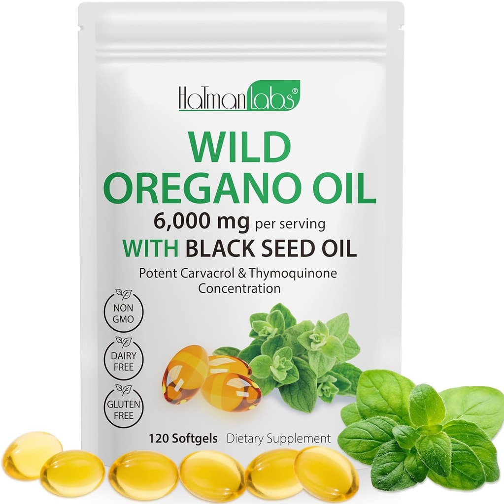 Oreganoõli kapslid,2 in 1 6000mg Oregano õli mustseemneõli, Wild Oregano Oil Immune and Antioxidant Support, Non-GMO,Gluten Free,120 Softgels (1 Bag)