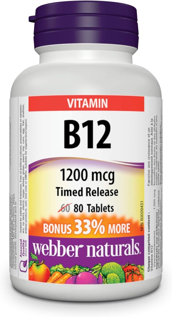 Webber Naturals Vitamiin B12 Ajastatud vabanemine 1200mg 80 tabletti