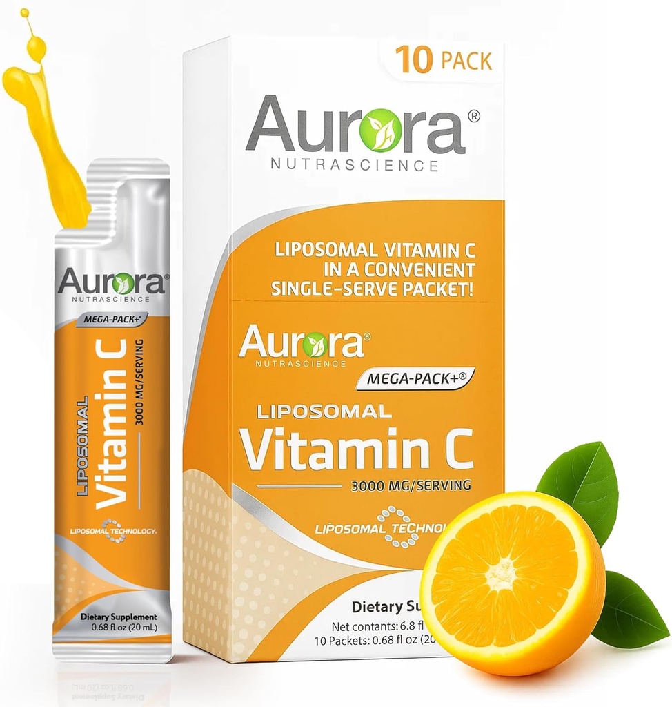 Aurora Nutrascience Mega-Pack Liposomal C-vitamiin, immuunsuse tugi, 3000 mg ühe portsjoni kohta, vegan, gluteenivaba, mitte-GMO, 10 ühe portsjoni pakendit, oranž