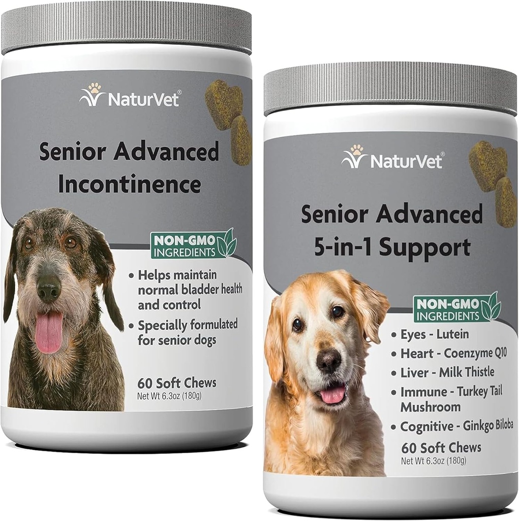 NaturVet Senior Advanced Inkontinence Dog Supplement - Aitab toetada koera põiekontrolli normaalset urineerimist - 60 Ct. Pehmed närid - Senior Advanced 5-in-1 tugikoera täiendus - 60 pehmet närimist