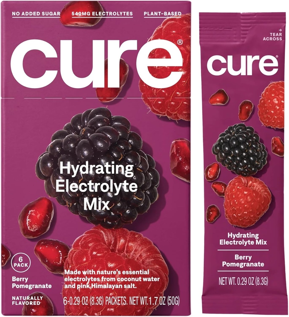 Cure Hydration | Plant-Based Electrolyte Drink Mix | No Add Sugar | Dehüdratsioon Relief Pulber valmistatud kookosvesi | Non-GMO | Vegan | Karp 8 pakendit - Marja granaatõuna