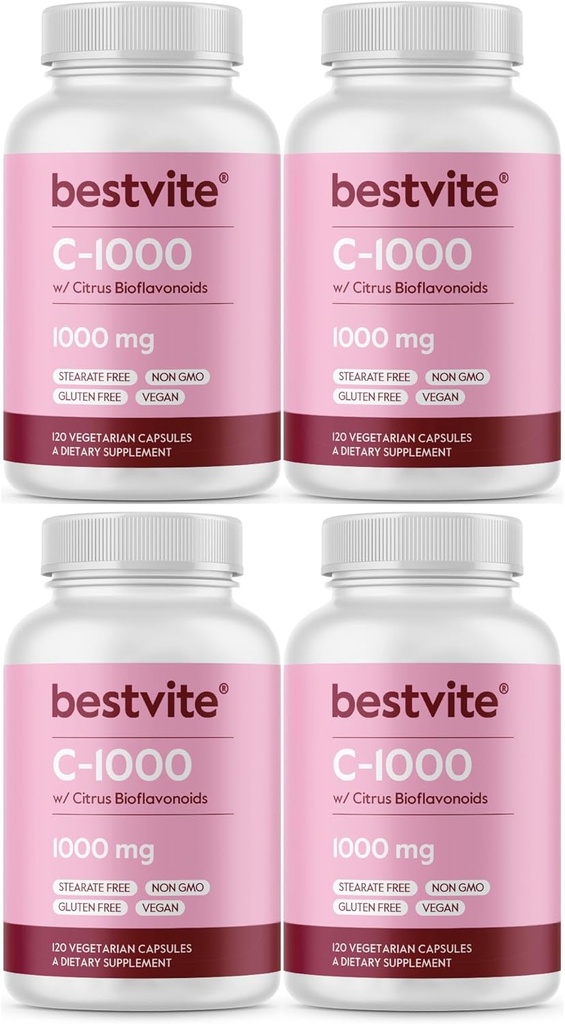BESTVITE C-vitamiin 1000mg (480 taimekapslit) (120 x 4) tsitruseliste bioflavinoididega - Stearaatide puudumine - vegan - mitte GMO - gluteenivaba