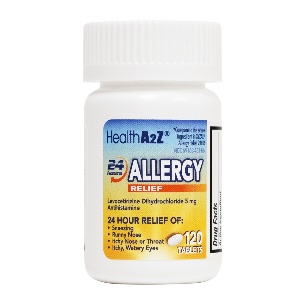 HealthA2Z® allergia leevendamine | levotsetirisiindivesinikkloriid 5mg | 24 tundi | antihistamiin | aevastamise, runny nina, sügeleva nina ja silmade leevendamine (120 loendust)