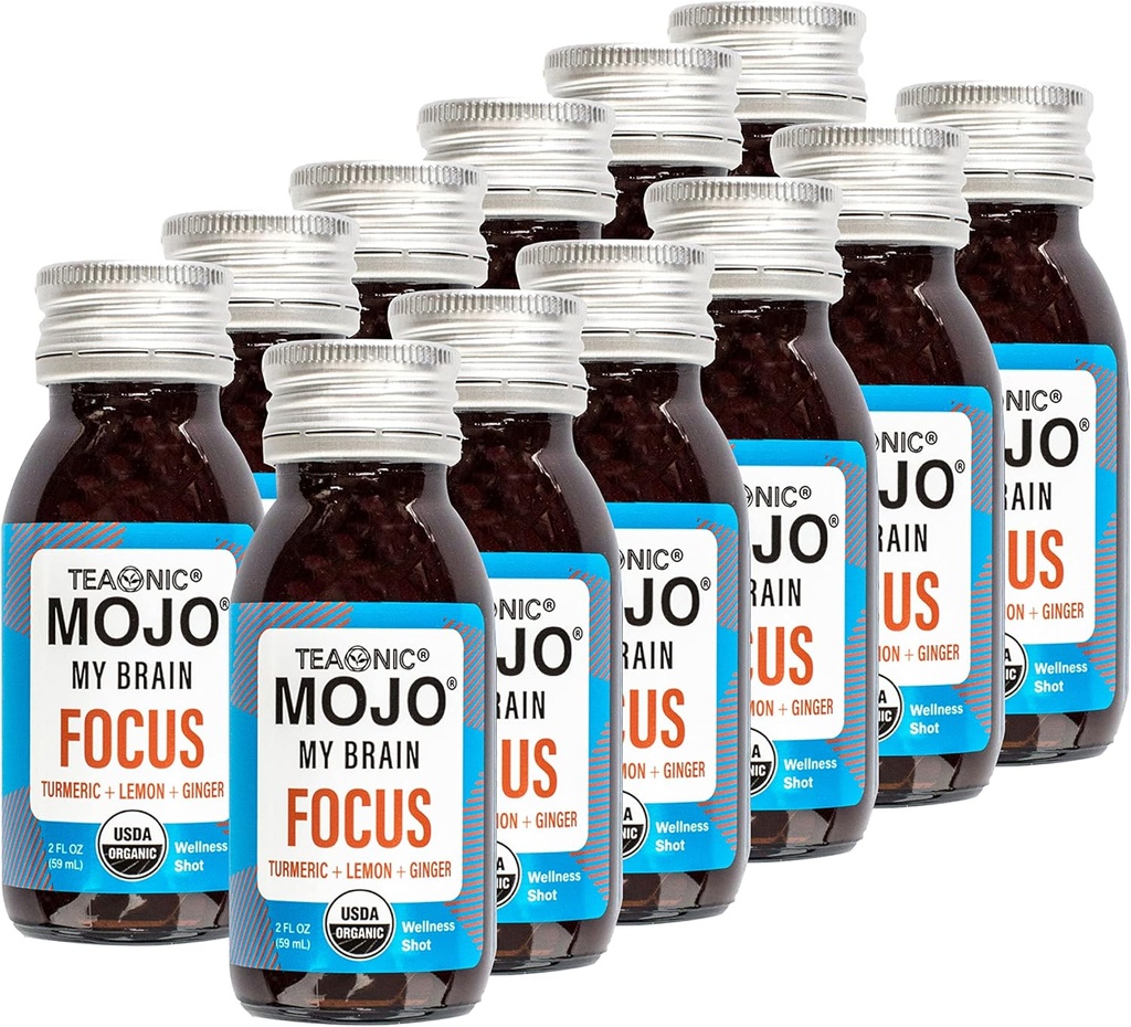 TEAONIC My Brain Mojo: Focus Wellness Shots - USDA-Certified Vegan Formula with Ginkgo Biloba, Ginger, Turmeric - 12 Bottles x 2 Fl Oz Each - Gluten-Free, Non-GMO