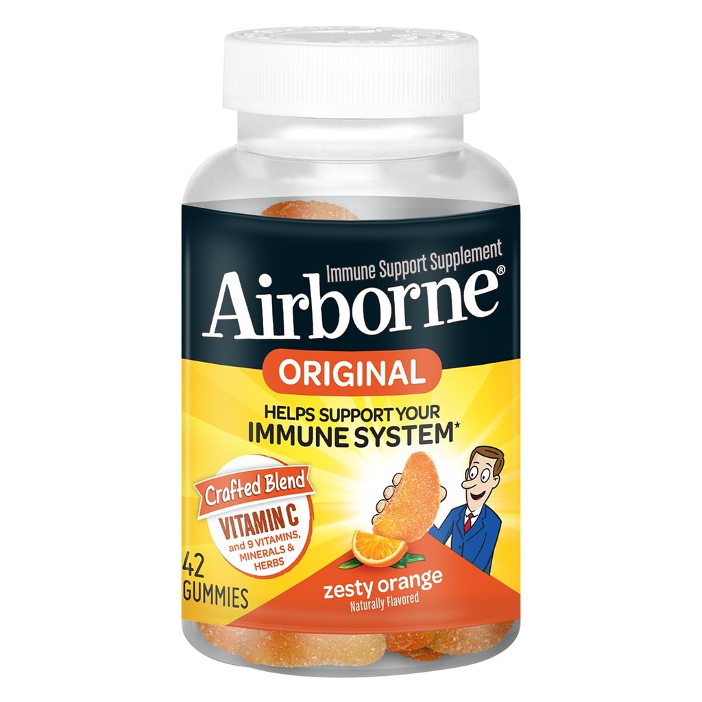Airborne Vitamiin C 750mg (per Serving) Zesty Orange Maitsestatud Gummies (42 Loe pudelis), Gluteenivaba immuunsüsteemi tugilisa vitamiinidega A C E, Selenium, Echinacea, Ingver, Antioksüdant