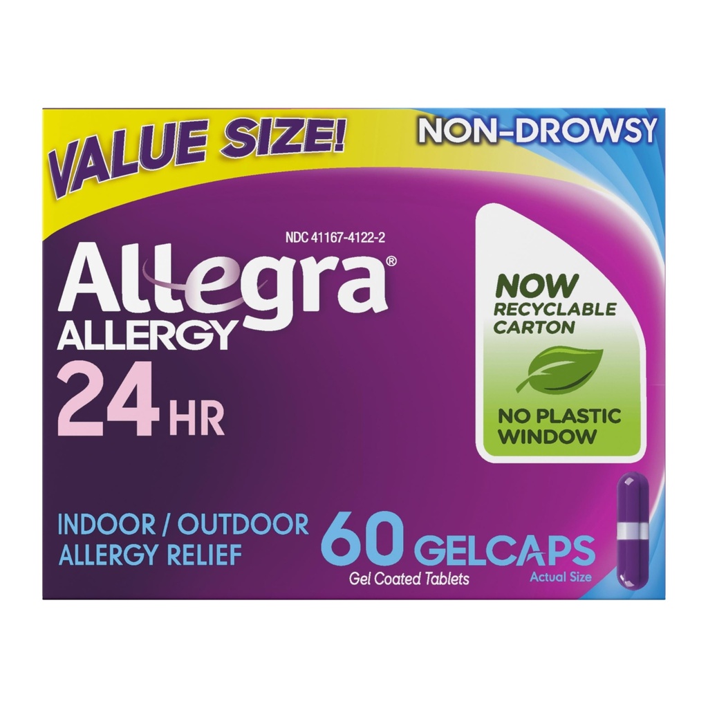 Allegra Täiskasvanud 24-tunnise allergia leevendamise geelkapslid , mitteuimas sise- ja välisallergiameditsiin , 180 mg Fexofenadiin HCI Antihistamiin Pill , 60- loendatud