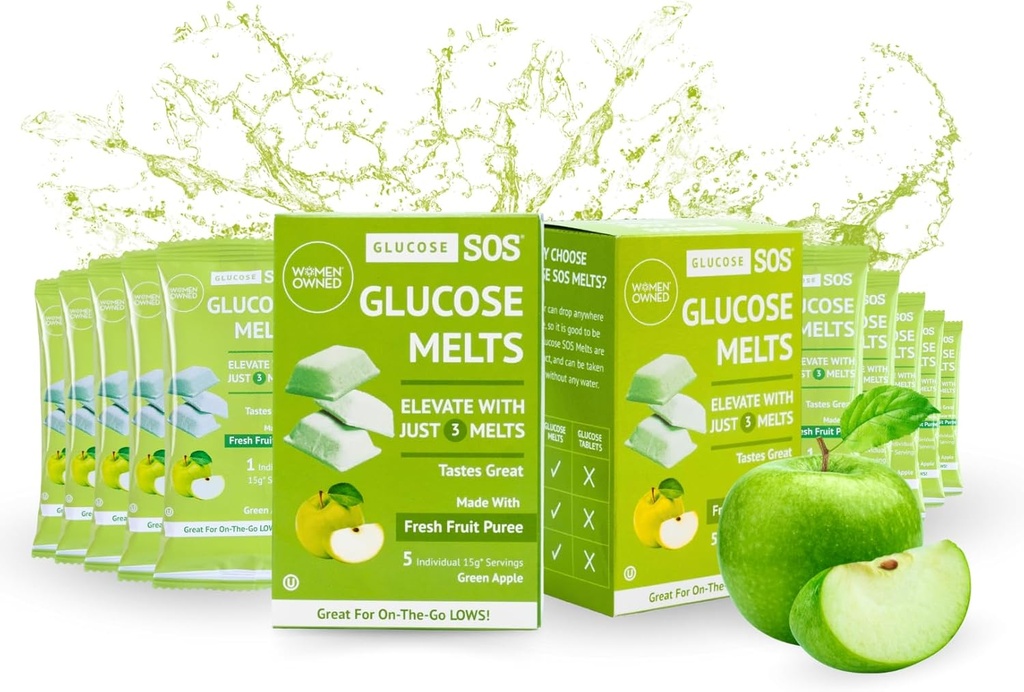 Glucose SOS Melts Made with Dextrose Powder Natural Fruit Puree Sugar, Glucose Tabs, Sports Supplement, Fast Acting Tablets with 10 Individual 15g Servings of Green Apple