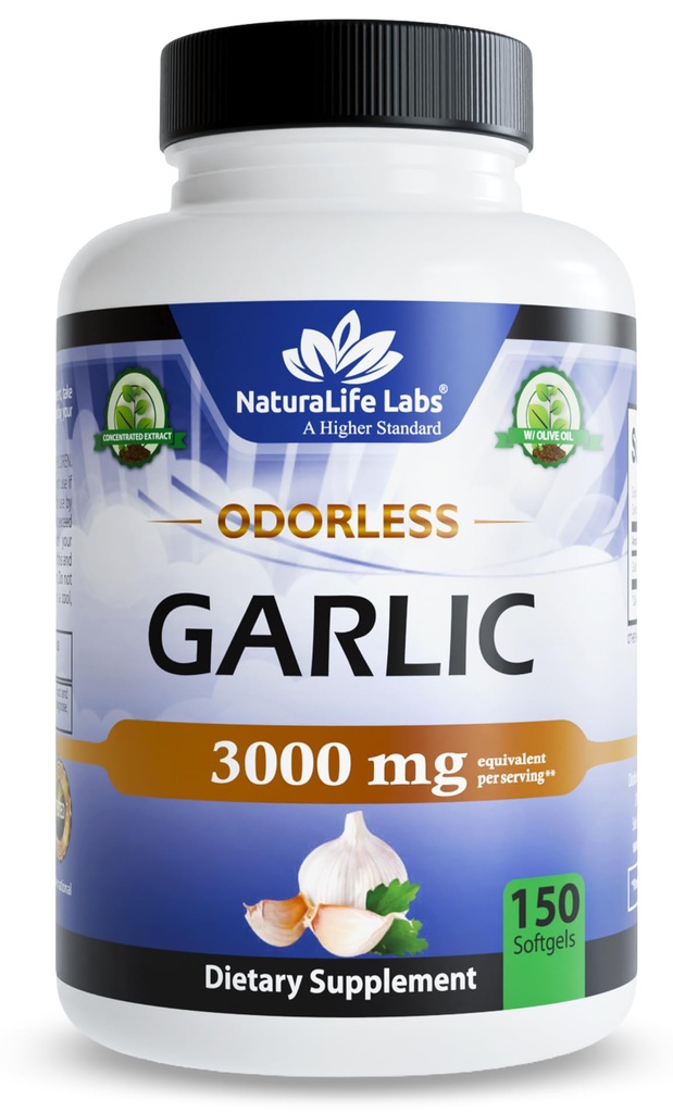 NaturaLife Labs Lõhnatu küüslauk – 3000 mg ekvivalenti serveerimise kohta – 150 softgelit – kontsentreeritud küüslaugusibula ekstrakt orgaanilise ekstra neitsioliiviõliga – GMO-vaba, gluteenivaba