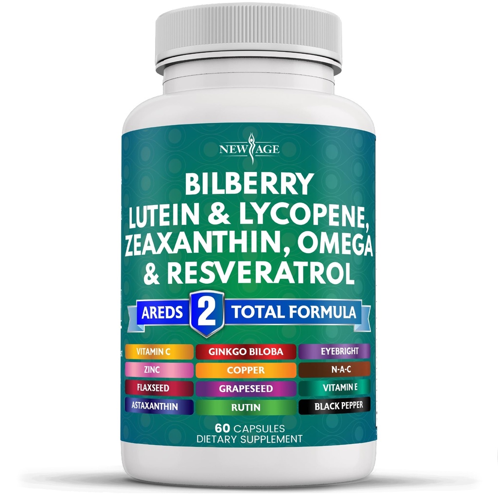 NEW AGE Eye Health Vitamiinid Bilberry Lutein & Zeaxanthin Lükopeen Resveratrool Viinamarjaseemne Astaksantiin - Silmavitamiin - 60 Count