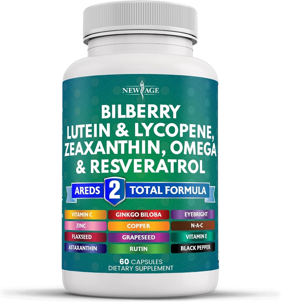 NEW AGE Eye Health Vitamins with Bilberry Lutein & Zeaxanthin Lycopene Resveratrol Grape Seed Astaxanthin - Eye Vitamin - 60 Count