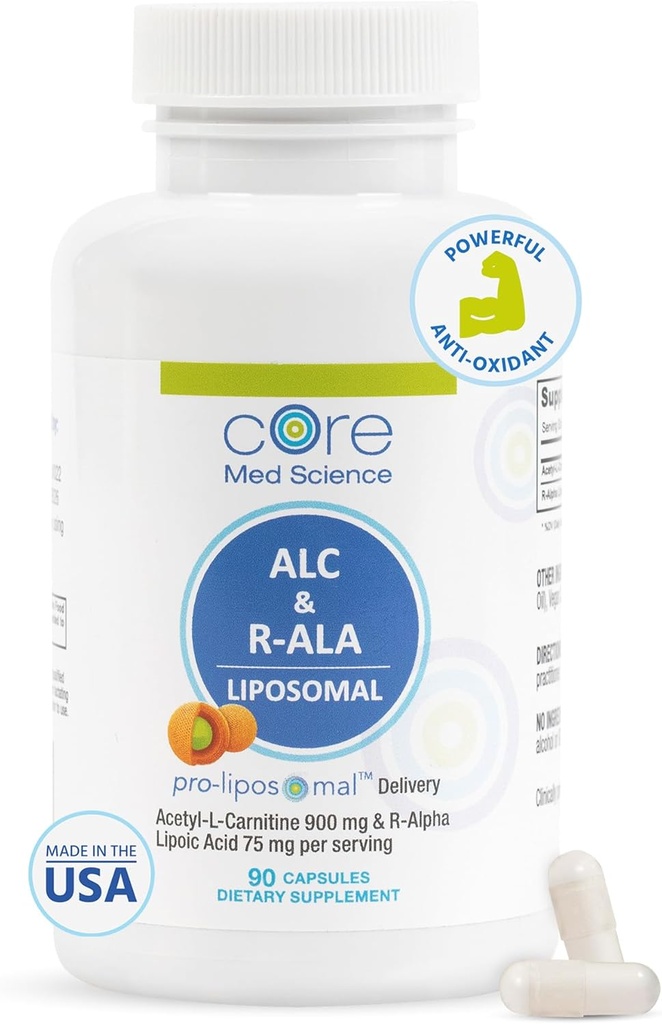 Põhiline Med Science Liposomal ALC & R-ALA täienduskapslid - atsetüül-L-karnitiin (900 mg) & R-alfa-lipohape (75 mg) - edendab energiat ja keskendumist - toetab vaimset funktsiooni ja mälu tunnetust (90 loend)