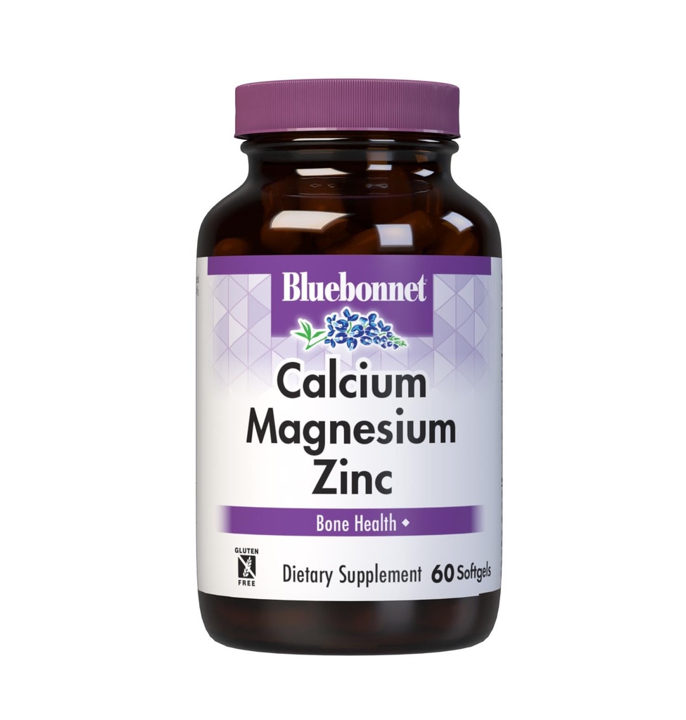 Bluebonnet Nutrition Calcium Magneesium Tsink Plus vitamiin D3, 1000 mg kaltsiumi, 500 mg magneesiumi ja 15 mg tsinki, 400 RÜ D3-vitamiini, tugevate tervislike luude jaoks *, Gluteenivaba, piimarasva, 60 pehmegeeli