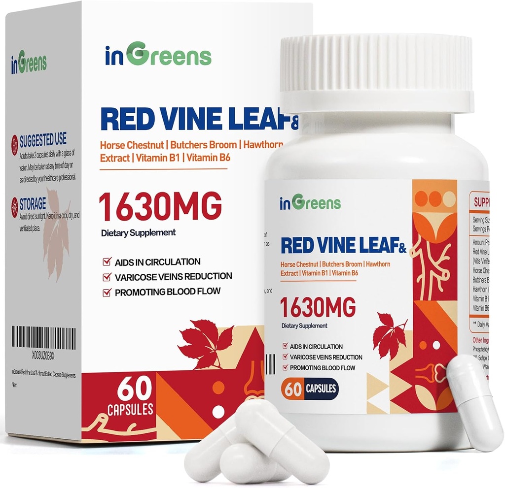 Red Vine Leaf Extract 1630mg koos hobuste kastan, lihuniku luu, Hawthorn täiendus veenilaiendid, jalg, ringlus, süda, nahk, südame tervise toetamine, valmistatud USAs, 60 kapslit