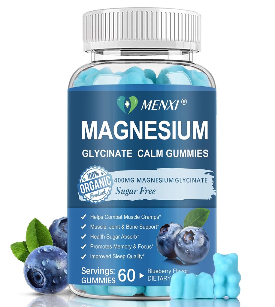 Magneesiumkummies 600mg kohta Serving-Magnesium Glycinate 400mg ja Magneesium Malate 200mg, Suhkruvaba Magneesium kaaliumilisand Calm Mood, Lihased, Luud & Sleep Support, 60 Mustikakummid
