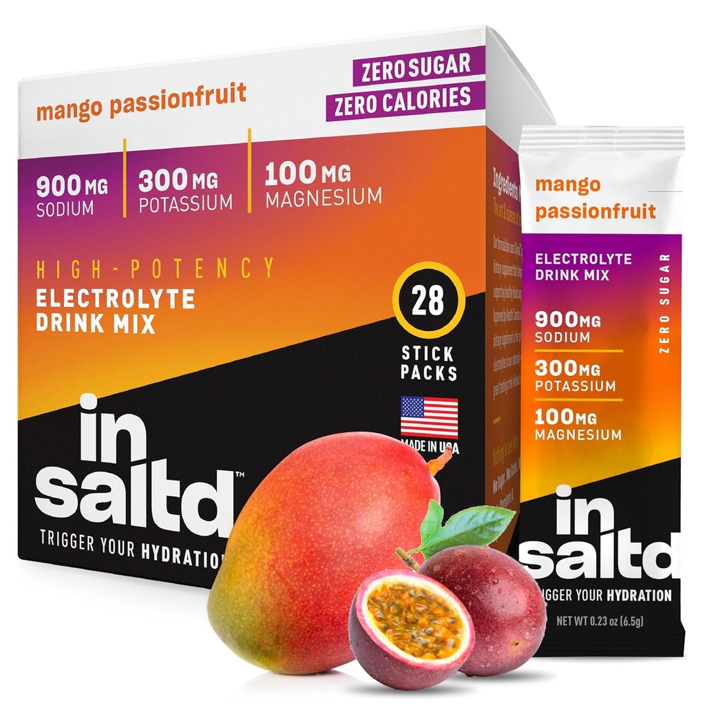 INSALTDTM Suhkruvabad elektrolüütide pulbripaketid ilma stevia järelmaitseta | suure võimsusega hüdratsioonipaketid | Keto elektrolüütide joogid | vahelduv paastujoogisegu | 28 pakend (Mango Passionfruit)