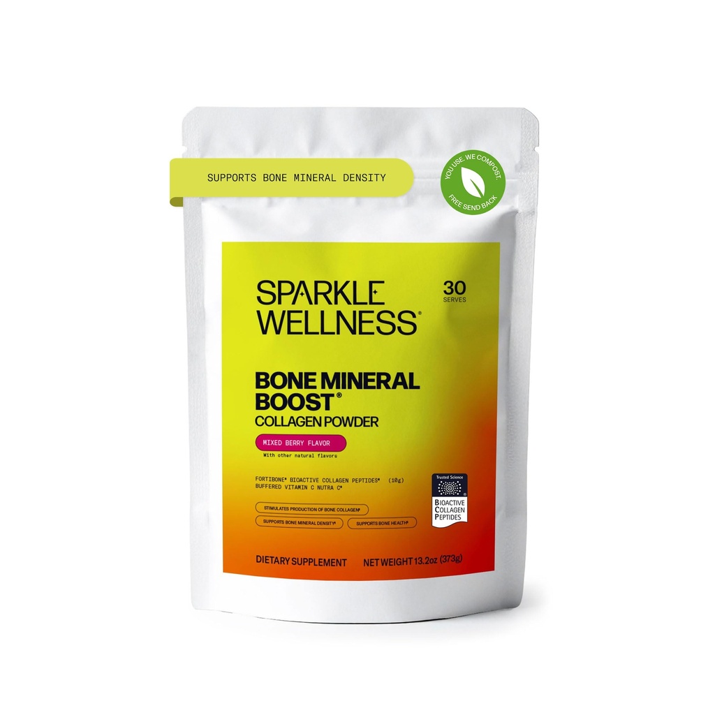 Sparkle Wellness Osteo Boost (segatud marja) [30 servi] | Kollageeni pulbrilisand | FORTIBONE bioaktiivsed kollageenpeptiidid ja puhverdatud C-vitamiin Nutra C | Luulisandid