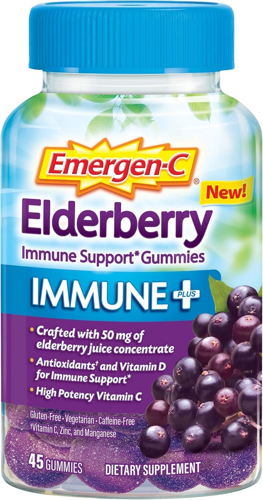 Emergen-C Immune+ Elderberry Gummies, 750 mg C-vitamiini koos D-vitamiini, tsingi ja elektrolüütidega, Immune Support Diet Supplement, Kofeiinivaba, Gluteenivaba, Elderberry Maitse - 45 Count