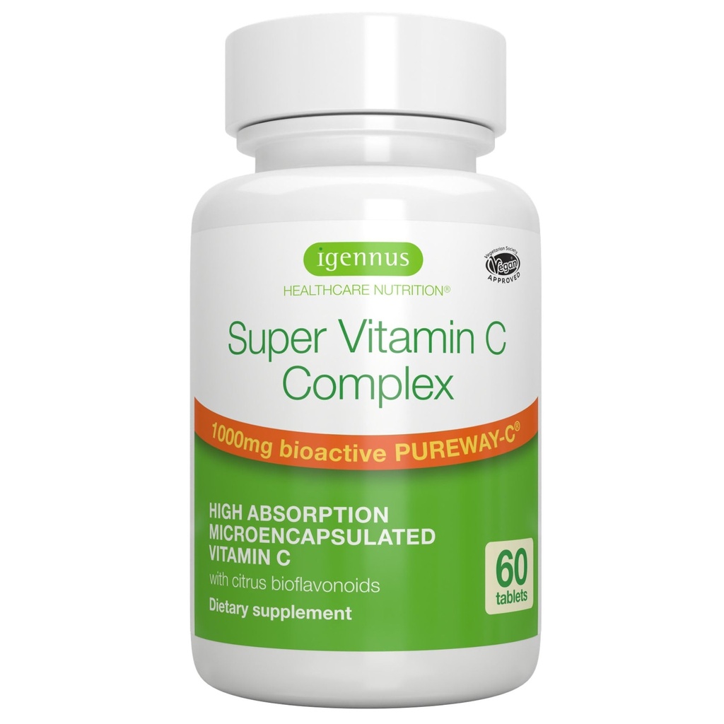 Igennus High Absorption Super Vitamiin C, Clean Label Pureway-C 1000mg, Vegan C-vitamiin koos bioflavonoididega, 60 serveerimist, 24-tunnine tegevus, Immuuntervis, energia, süda ja aju