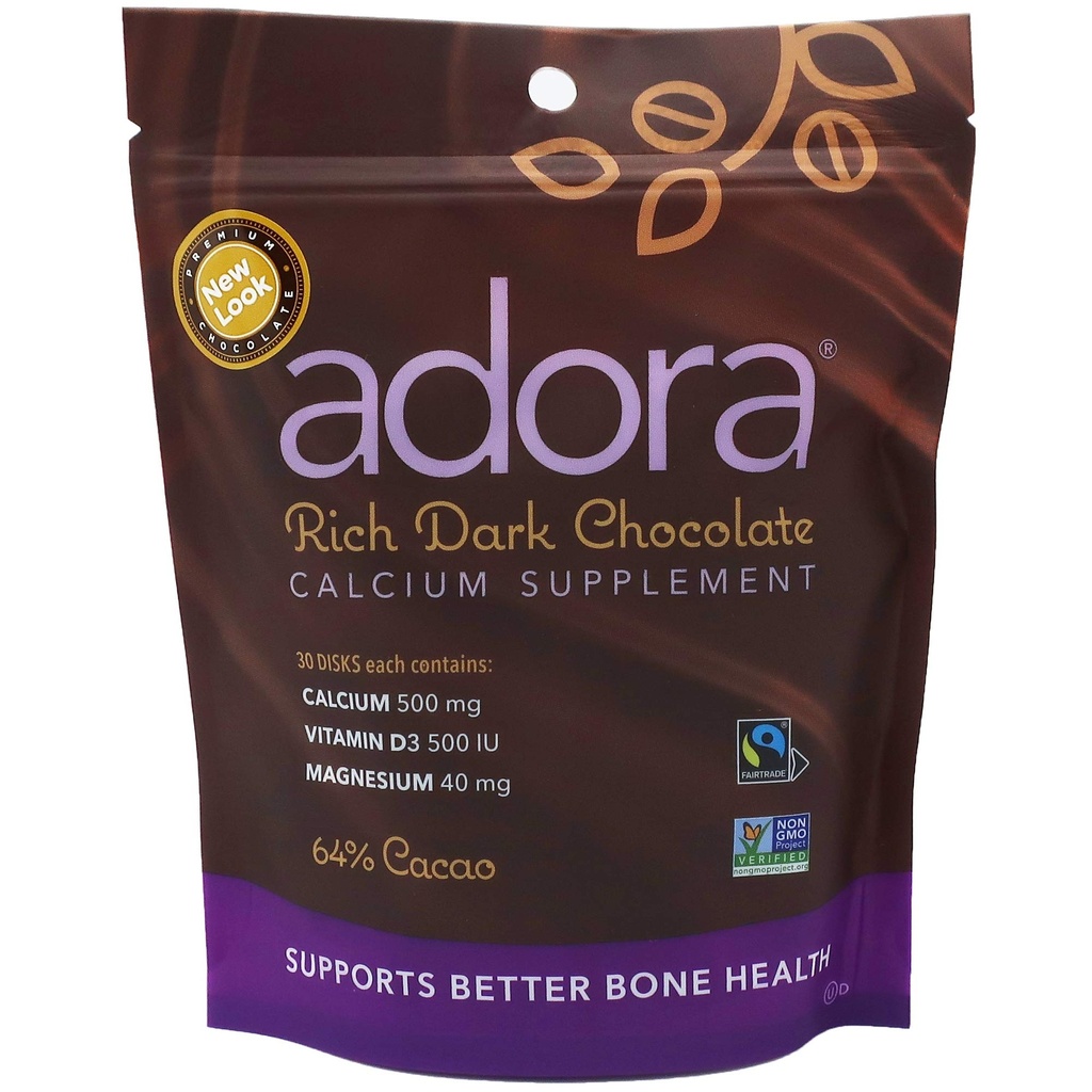 Adora Calcium Supplement, Fairtrade Dark Chocolate, üksikpakend - 30 ct