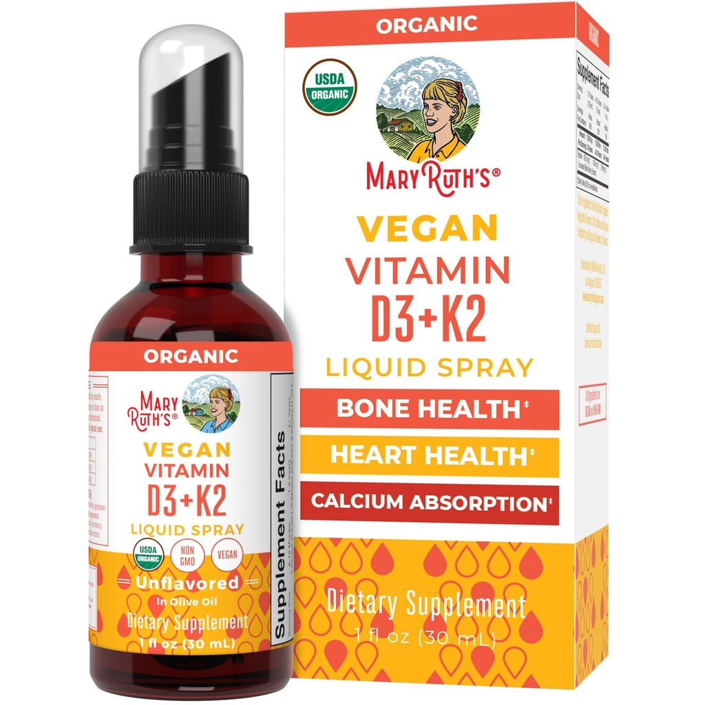 MaryRuthi orgaaniline D3 + K2 pihusti täiskasvanutele ja lastele luude tervise jaoks | D3-vitamiin kolekaltsiferoolina | K2-vitamiin | immuunsus | mineraalide imendumine | Südame tervis | Vegan | Mitte-GMO | Gluteenivaba | 1 Fl Oz