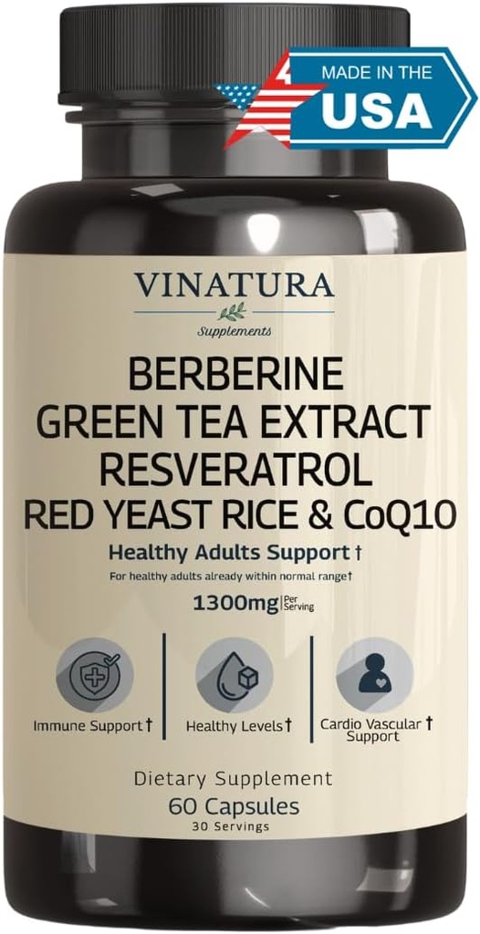 VINATURA Berberine HCL & Ceylon Cinnamon - Red Pärmi riis & CoQ10 1300mg per Serving * USA Made & Tested * Tervislik tase rohelise tee ekstrakti, resveratrooli, magneesiumi, glütsinaat, kroompikolinaat