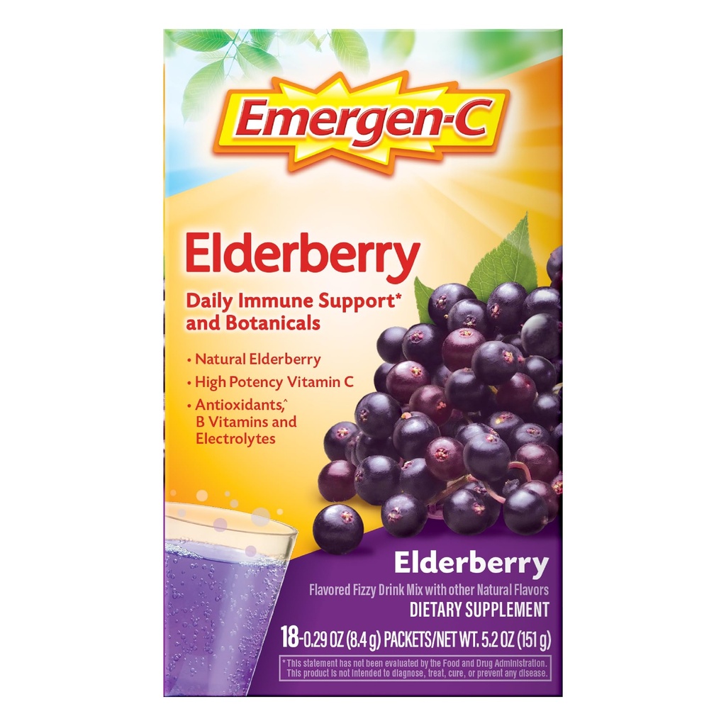 Emergen-C Elderberry Fizzy Drink Mix, Elderberry Immune Support, looduslikud maitsed, kõrge tugevusega C-vitamiin, 18 Count