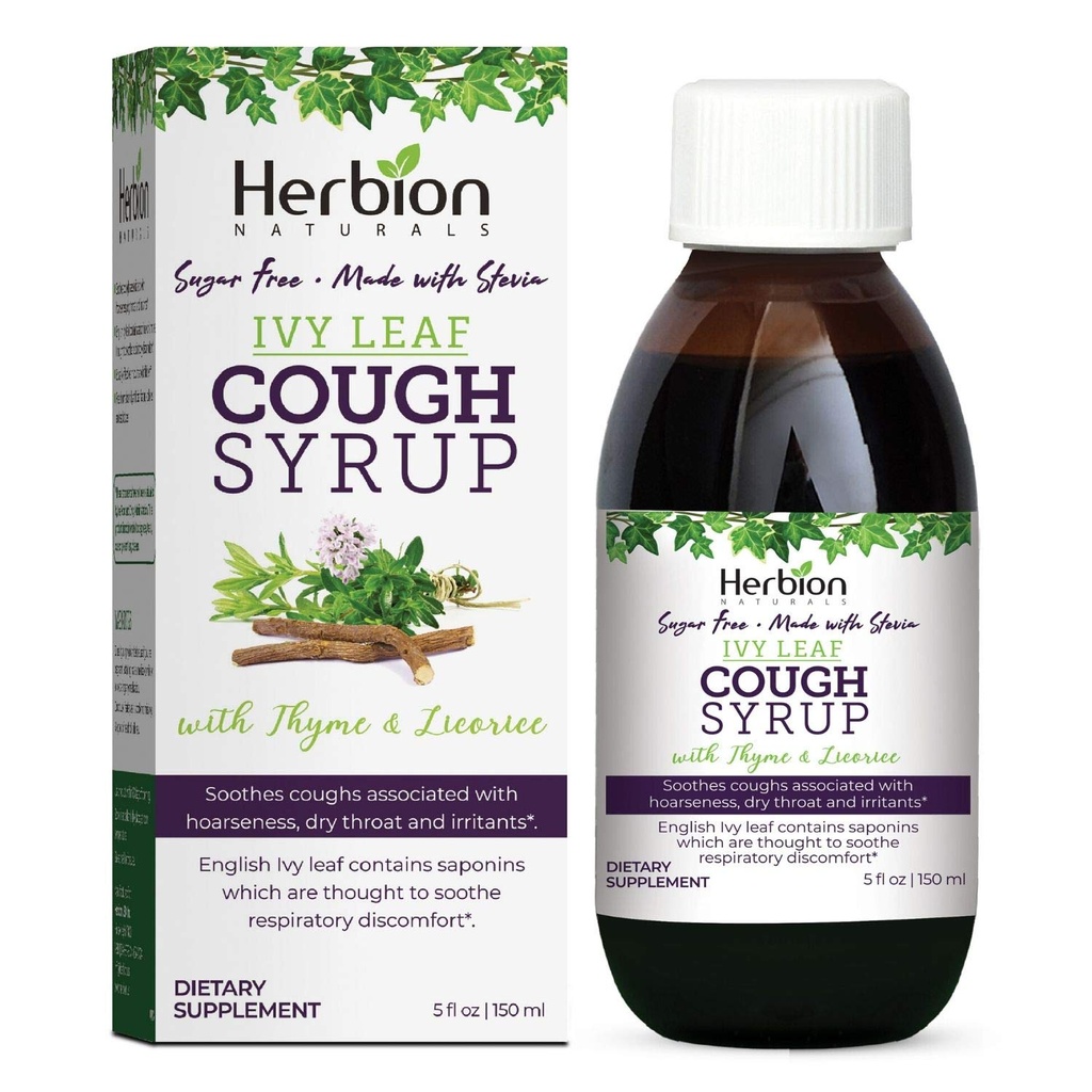 HERBION Naturals Ivy Leaf Cough Syrup koos tüümiani ja lagritsaga, 5 FL Oz, Soothes Throat ja leevendab hingamisteede ebamugavust täiskasvanutele, lastele 13 kuud ja vanemad, alkoholivaba, suhkruvaba steviaga