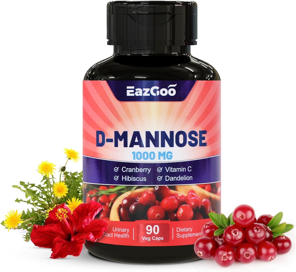 D-Mannoosi lisand - 1000 mg kapslid Jõhvika, C-vitamiini, Hibiskuse ja Dandelioni ekstraktiga, kuseteede tervise toetamine, D mannoosi ja Jõhvikakapslid, 90 Count