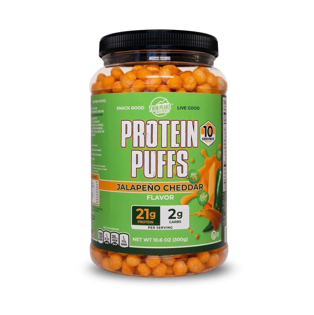 Twin Peaks Protein Puffs - (Jalapeno Cheddar), Keto sõbralik, madala süsivesikusisaldusega suupisted (300 g, 21 g valku, 2 g Net Carbs, kõrge valk, tervislik krõmpsuv suupisted)