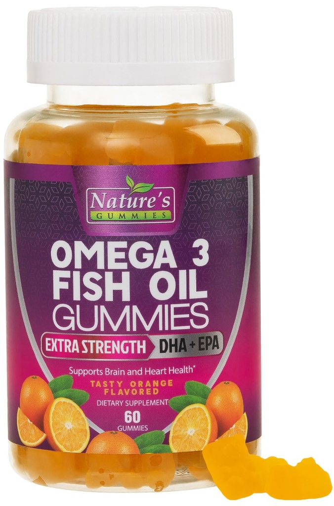 Omega 3 Fish Oil Gummies, Heart Tervislik Omega 3 Gummy täiendus koos suure imendumisega DHA & EPA, ekstra tugevus ühine ja aju toetus, maitsev apelsini maitse Kalaõli Looduse vitamiin - 60 Gummies